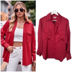 JASON WU RED SATIN OVERSIZED BUTTON DOWN BLOUSE